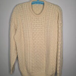 Blarney Woollen Mills Ireland Men's Ivory Merino Wool Cable Knit Sweater Size XL